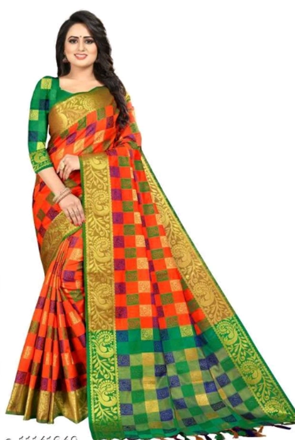 ADRIKA Banarasi Silk Saree With Banarsi Silk Separate Blouse Piece - Free Size, Orange/ Green, Banarasi Silk, Pack of 1